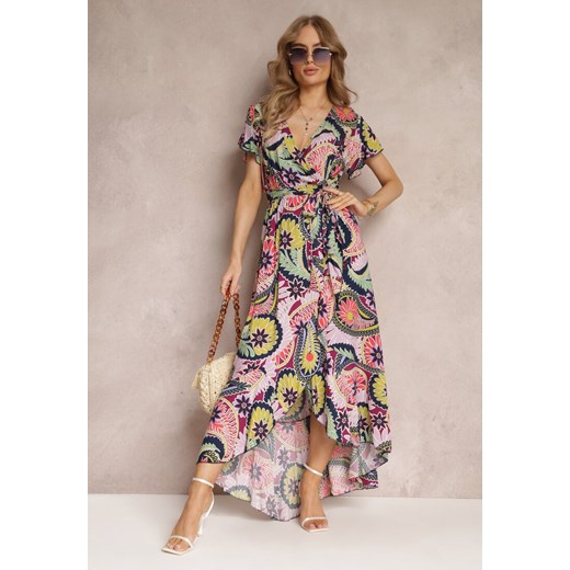 Różowo-Fioletowa Kopertowa Sukienka Maxi z Materiałowym Paskiem i Gumką w Talii z Bawełny Alyn ze sklepu Renee odzież w kategorii Sukienki - zdjęcie 157545264
