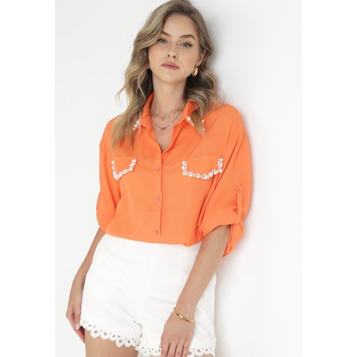 Pomarańczowa Koszula z Podpinanymi Rękawami i Perełkami Dorval ze sklepu Born2be Odzież w kategorii Koszule damskie - zdjęcie 157551244