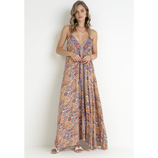 Beżowo-Granatowa Sukienka Maxi z Wiązaniem na Plecak Ealenia ze sklepu Born2be Odzież w kategorii Sukienki - zdjęcie 157551404
