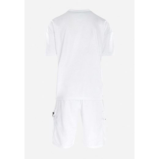 Biały 2-częściowy Komplet Dresowy T-shirt z Kieszenią i Szorty z Gumką w Pasie L promocja Born2be Odzież