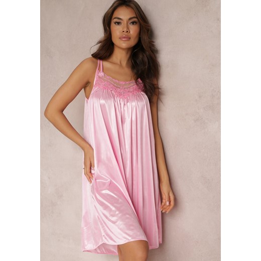 Różowa Satynowa Koszula Nocna z Cienkimi Ramiączkami i Koronką Maceille ze sklepu Renee odzież w kategorii Koszule nocne - zdjęcie 157572293