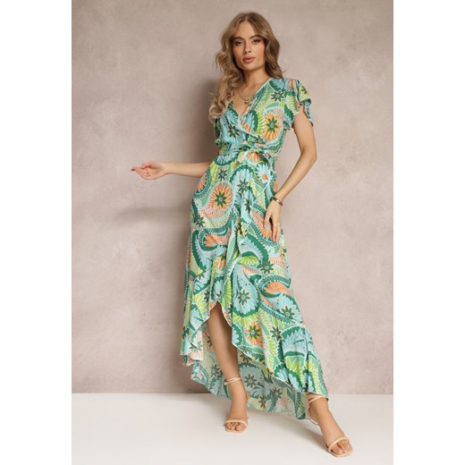 Zielona Kopertowa Sukienka Maxi z Materiałowym Paskiem i Gumką w Talii z Bawełny Alyn ze sklepu Renee odzież w kategorii Sukienki - zdjęcie 157585183