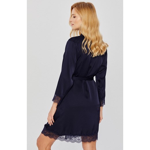 Granatowy satynowy szlafrok z koronką, Kolor granatowy, Rozmiar 2XL, Mona ze sklepu Intymna w kategorii Szlafroki damskie - zdjęcie 157586492