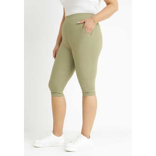 Zielone Elastyczne Spodnie z Nogawkami 3/4 i Kieszeniami Kenetta 4XL/5XL wyprzedaż Born2be Odzież