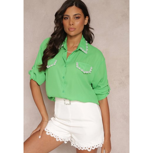 Zielona Koszula z Perełkami przy Kołnierzu i Kieszeniach Dieudonne ze sklepu Renee odzież w kategorii Koszule damskie - zdjęcie 157592674