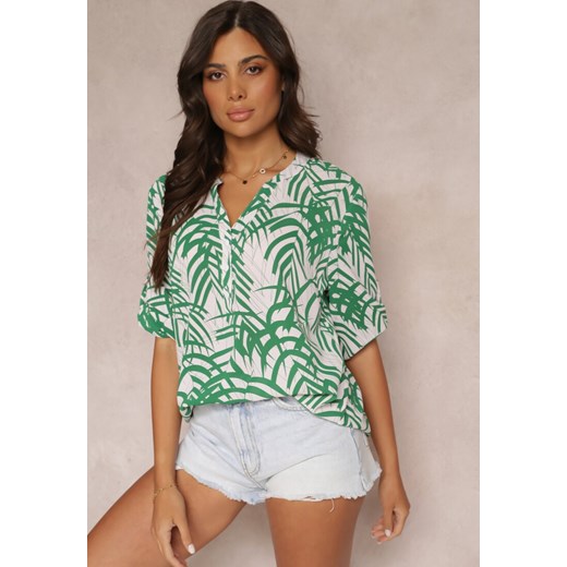 Zielona Bluzka z Podpinanymi Rękawami o Roślinnym Wzorze Azira ze sklepu Renee odzież w kategorii Bluzki damskie - zdjęcie 157592824