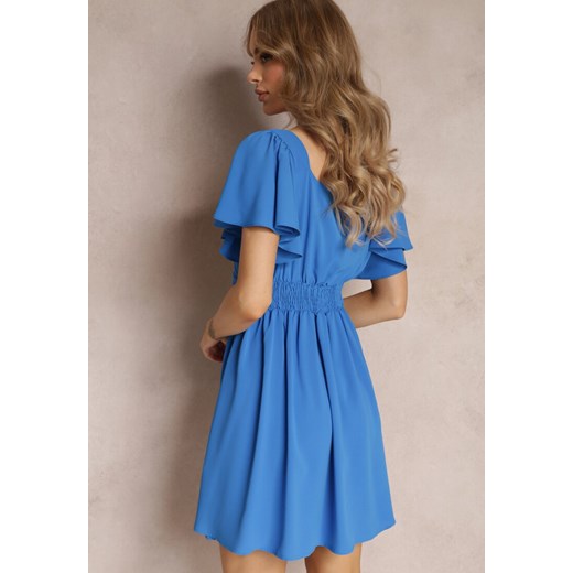 Niebieska Rozkloszowana Sukienka Mini z Kopertowym Dekoltem i Marszczeniem w Renee L Renee odzież