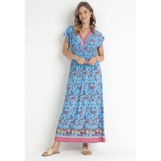 Niebieska Kopertowa Sukienka Maxi z Gumką w Pasie we Wzór Paisley Anitte ze sklepu Born2be Odzież w kategorii Sukienki - zdjęcie 157593423
