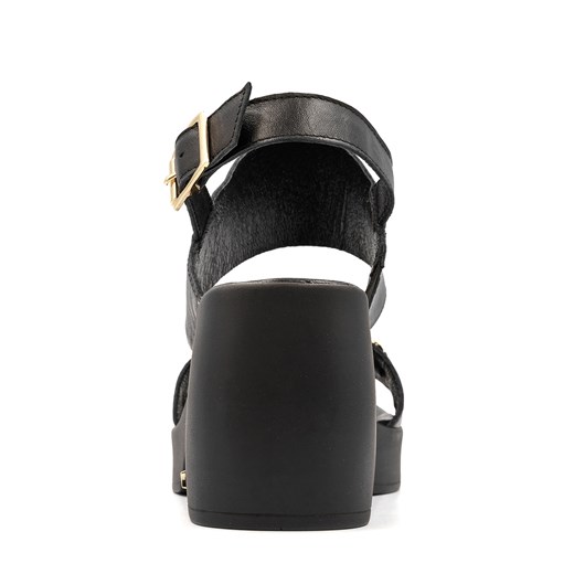 Sandały damskie czarne z klamrą na średnim obcasie eleganckie skórzane 