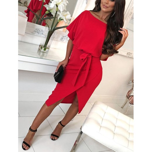 Czerwona  sukienka z paskiem, stylowy fason Estera S/36 E-Shop