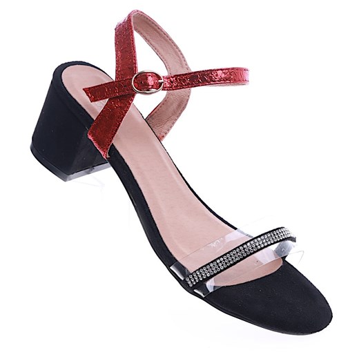 Przepiękne czarno czerwone sandały na grubym obcasie /B2-2 14233 S195/ ze sklepu Pantofelek24.pl w kategorii Sandały damskie - zdjęcie 157615392