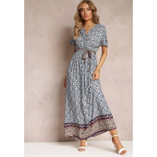 Niebieska Sukienka Maxi z Paskiem i Gumką w Talii w Ornamentalny Wzór Calvim ze sklepu Renee odzież w kategorii Sukienki - zdjęcie 157630583