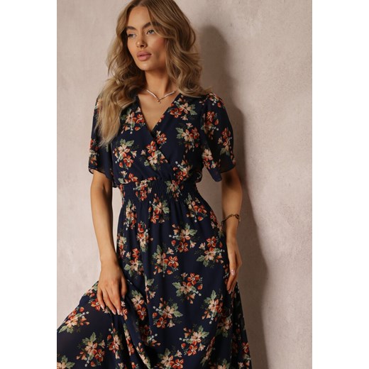 Granatowa Sukienka Maxi w Kwiaty z Gumką w Pasie Arcia Renee XL Renee odzież promocja