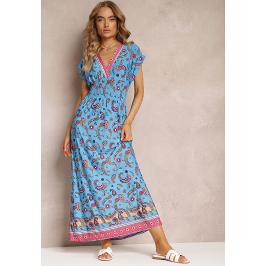 Granatowa Rozkloszowana Sukienka Maxi z Printem Paisley z Gumką w Pasie Zoenia ze sklepu Renee odzież w kategorii Sukienki - zdjęcie 157645691
