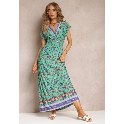 Zielona Rozkloszowana Sukienka Maxi z Printem Paisley z Gumką w Pasie Zoenia ze sklepu Renee odzież w kategorii Sukienki - zdjęcie 158038592