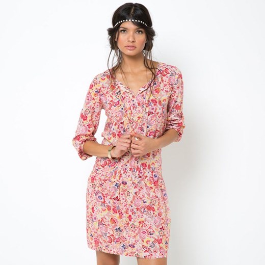 Sukienka w kwiaty, lejąca, z pomponami la-redoute-pl rozowy kwiatowy