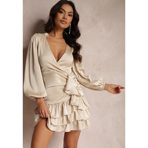 Beżowa Sukienka Mini z Kopertowym Dekoltem i Falbankami Onnas ze sklepu Renee odzież w kategorii Sukienki - zdjęcie 158449201
