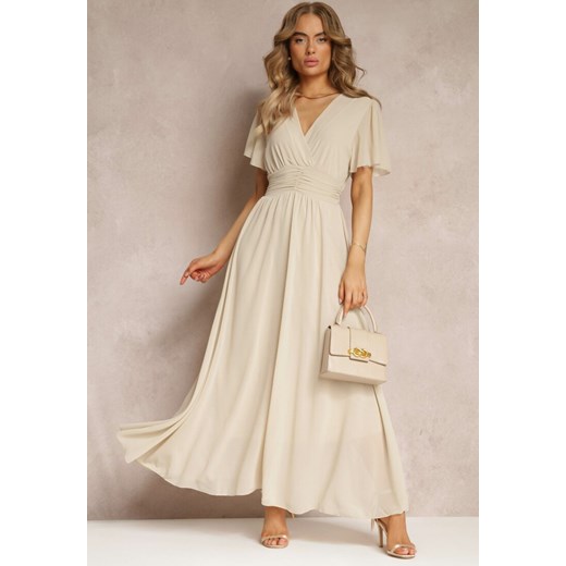 Beżowa Rozkloszowana Sukienka z Kopertowym Dekoltem Obillis ze sklepu Renee odzież w kategorii Sukienki - zdjęcie 158457794