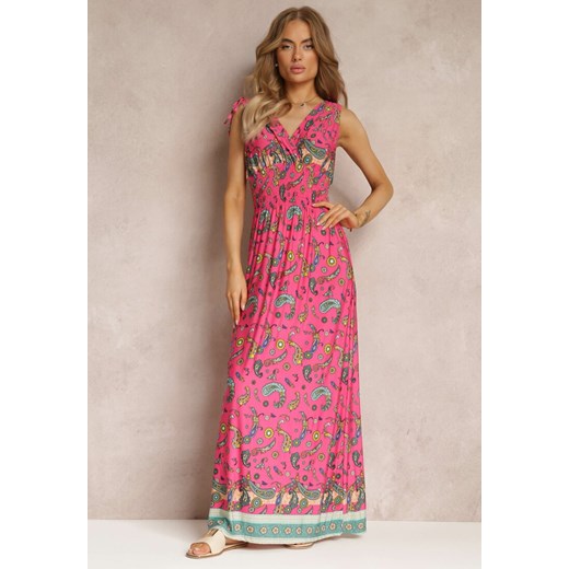 Różowa Sukienka Maxi we Wzór Pailsey z Rozkloszowanym Dołem i Gumką w Talii Kinslei ze sklepu Renee odzież w kategorii Sukienki - zdjęcie 158457924