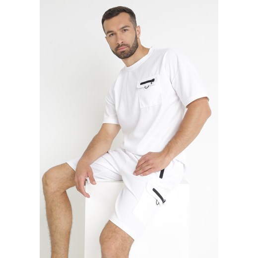 Biały 2-częściowy Komplet Dresowy T-shirt z Kieszenią i Szorty z Gumką w Pasie 2XL promocyjna cena Born2be Odzież