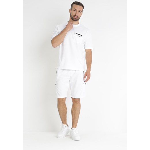 Biały 2-częściowy Komplet Dresowy T-shirt z Kieszenią i Szorty z Gumką w Pasie M promocyjna cena Born2be Odzież