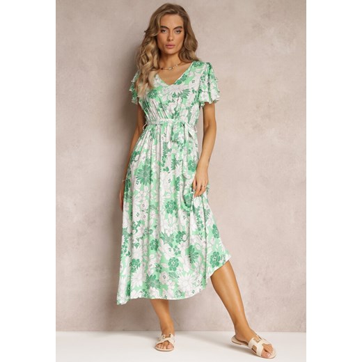 Zielona Sukienka z Wiskozy w Kwiaty z Wiązanym Paskiem Malore ze sklepu Renee odzież w kategorii Sukienki - zdjęcie 158463752