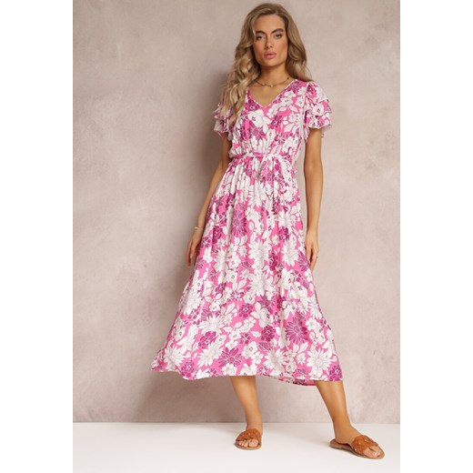 Różowa Sukienka z Wiskozy w Kwiaty z Wiązanym Paskiem Malore ze sklepu Renee odzież w kategorii Sukienki - zdjęcie 158463762