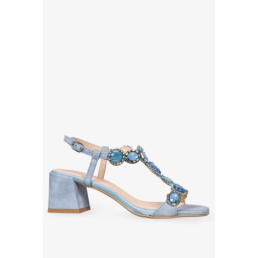 Niebieskie sandały skórzane damskie na klocku z kryształkami PRODUKT POLSKI Casu Casu 40 wyprzedaż Casu.pl