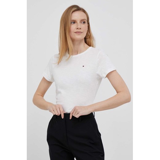 Tommy Hilfiger t-shirt bawełniany kolor beżowy WW0WW37857 ze sklepu ANSWEAR.com w kategorii Bluzki damskie - zdjęcie 158972893