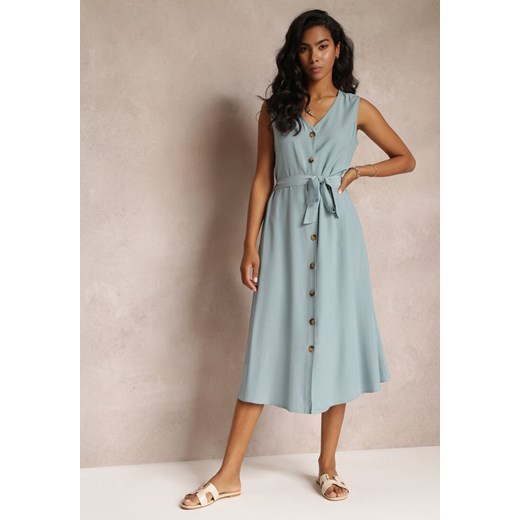 Jasnoniebieska Trapezowa Sukienka Midi bez Rękawów z Wiązanym Paskiem Ajana ze sklepu Renee odzież w kategorii Sukienki - zdjęcie 159000130