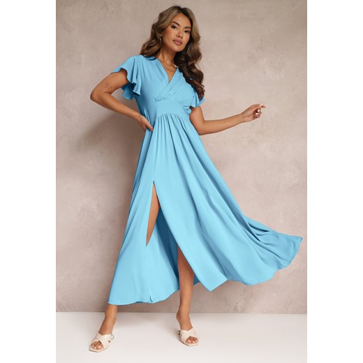 Niebieska Sukienka Rozkloszowana z Rozcięciem i Kopertowym Dekoltem Jozlyn ze sklepu Renee odzież w kategorii Sukienki - zdjęcie 159000140