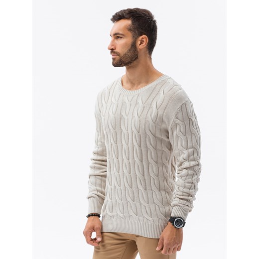 Sweter męski z warkoczowym splotem - kremowy V1 E195 M ombre