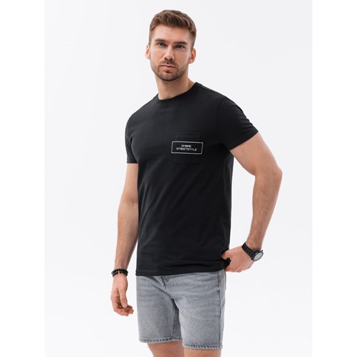 T-shirt męski bawełniany z nadrukiem na kieszonce - czarny V1 S1742 S ombre