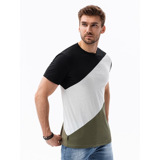 T-shirt męski bawełniany trzykolorowy - czarno/oliwkowy V4 S1627 M ombre