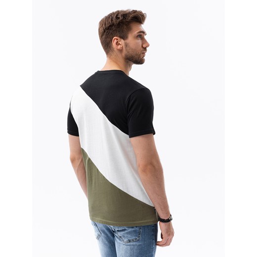 T-shirt męski bawełniany trzykolorowy - czarno/oliwkowy V4 S1627 L ombre