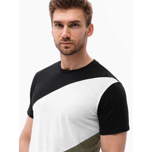 T-shirt męski bawełniany trzykolorowy - czarno/oliwkowy V4 S1627 S ombre