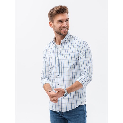 Bawełniana koszula męska w kratę REGULAR FIT - biało-niebieska V2 K637 L ombre