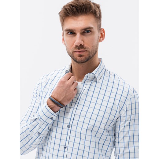 Bawełniana koszula męska w kratę REGULAR FIT - biało-niebieska V2 K637 L ombre