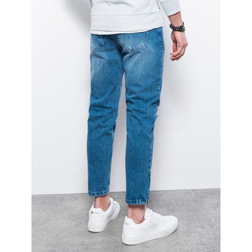 Męskie spodnie jeansowe taper fit z dziurami - niebieskie V3 P1028 ze sklepu ombre w kategorii Jeansy męskie - zdjęcie 159004700