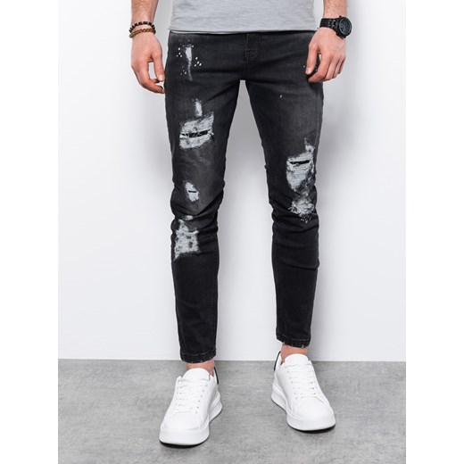 Spodnie męskie jeansowe z dziurami SLIM FIT - czarne V3 P1065 L wyprzedaż ombre