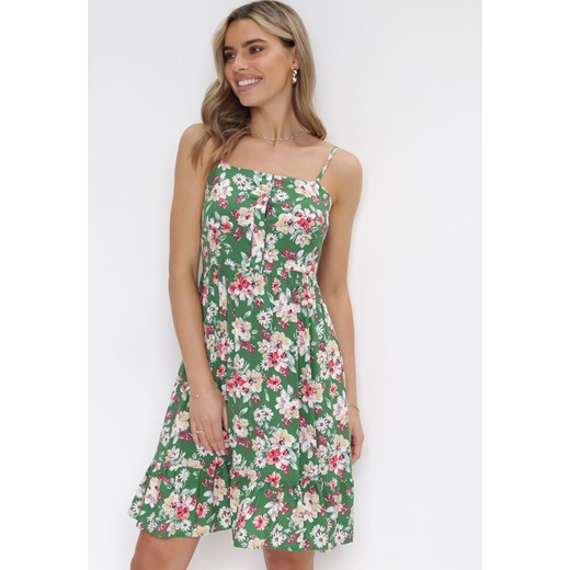 Zielona Sukienka na Cienkich Ramiączkach z Wiskozy w Kwiaty Kimball ze sklepu Born2be Odzież w kategorii Sukienki - zdjęcie 159007934