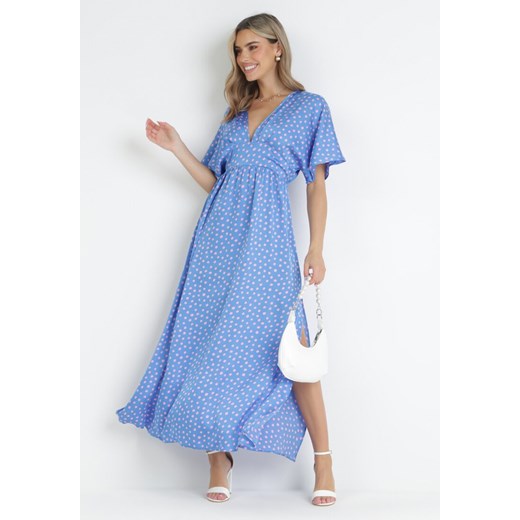 Niebieska Sukienka Maxi w Kropki z Gumką w Pasie i Rozcięciami Crasses ze sklepu Born2be Odzież w kategorii Sukienki - zdjęcie 159007964
