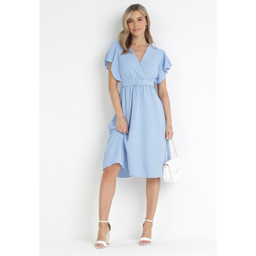 Niebieska Sukienka z Kopertowym Dekoltem i Paskiem Sizue ze sklepu Born2be Odzież w kategorii Sukienki - zdjęcie 159007994