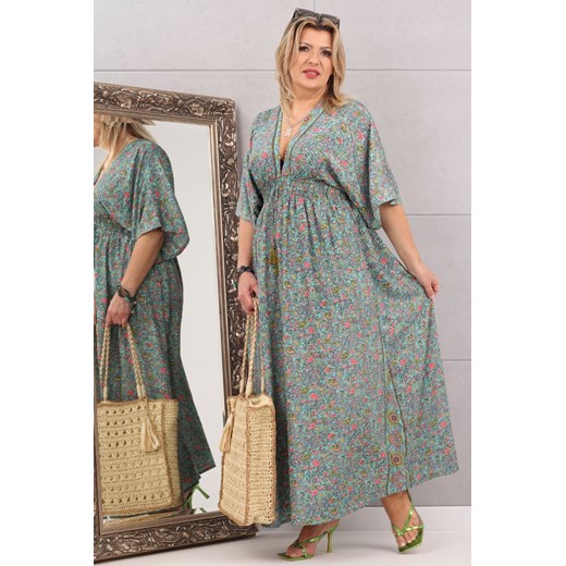 Sukienka maxi boho wzór kwiaty turkusowa - uniwersalny Femimoda uniwersalny femimoda.pl