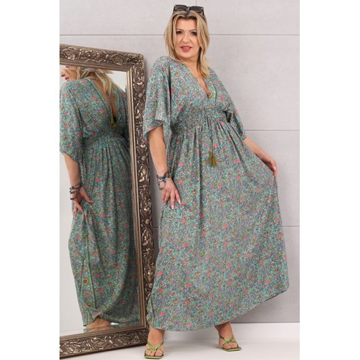 Sukienka maxi boho wzór kwiaty turkusowa - uniwersalny Femimoda uniwersalny femimoda.pl