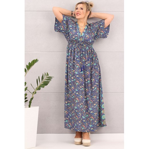 Sukienka maxi boho wzór kwiaty granatowa - uniwersalny Femimoda uniwersalny femimoda.pl