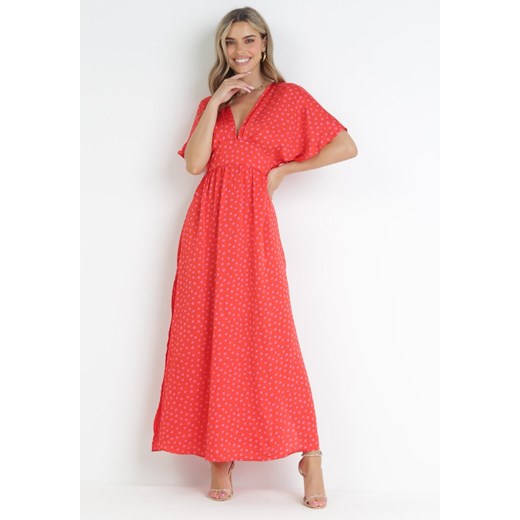 Czerwona Sukienka Maxi w Kropki z Gumką w Pasie i Rozcięciami Crasses ze sklepu Born2be Odzież w kategorii Sukienki - zdjęcie 159067872