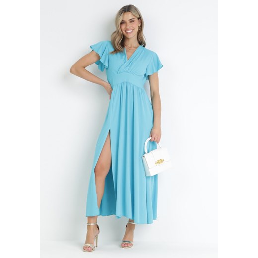 Niebieska Rozkloszowana Sukienka z Kopertowym Dekoltem Hanriette ze sklepu Born2be Odzież w kategorii Sukienki - zdjęcie 159067933