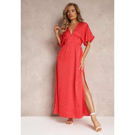 Czerwona Rozkloszowana Sukienka Maxi w Kropki z Głębokim Dekoltem Sallo ze sklepu Renee odzież w kategorii Sukienki - zdjęcie 159071334