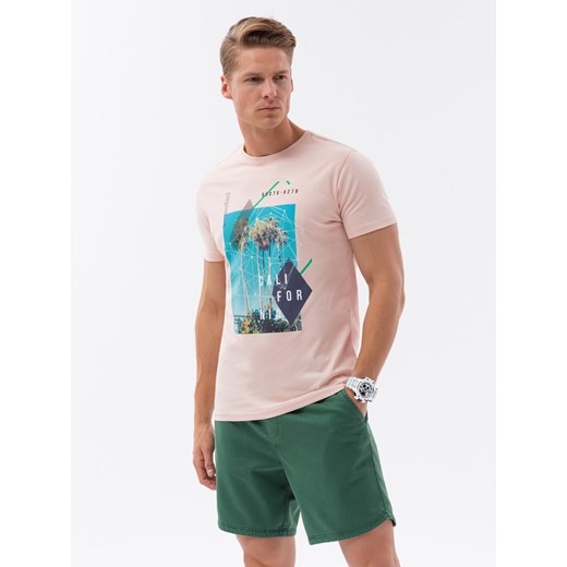 T-shirt męski bawełniany z nadrukiem - różowa V2 S1738 ze sklepu ombre w kategorii T-shirty męskie - zdjęcie 159082492